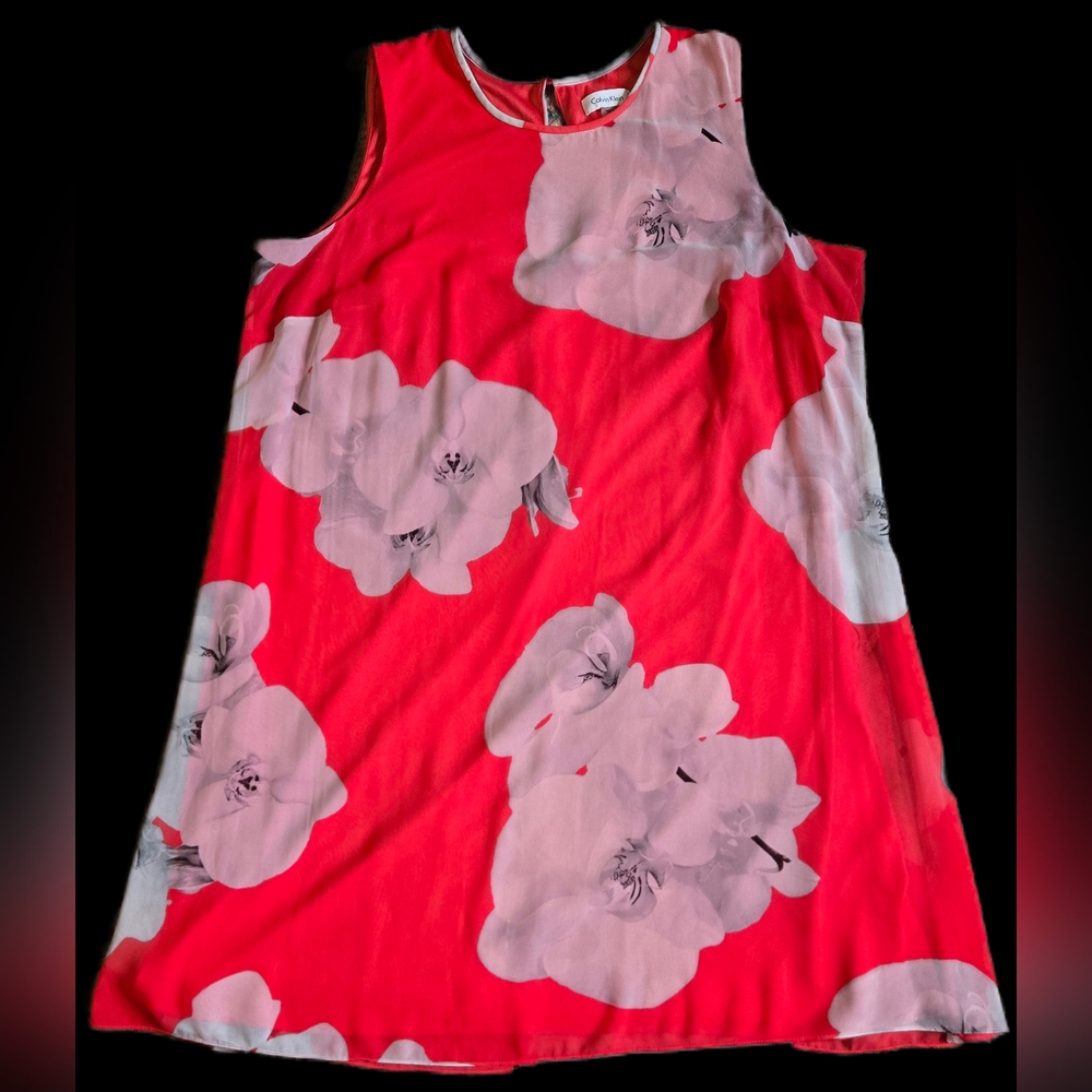 16W Calvin Klein Floral Sleeveless Shift Dress With Sheer Overlay